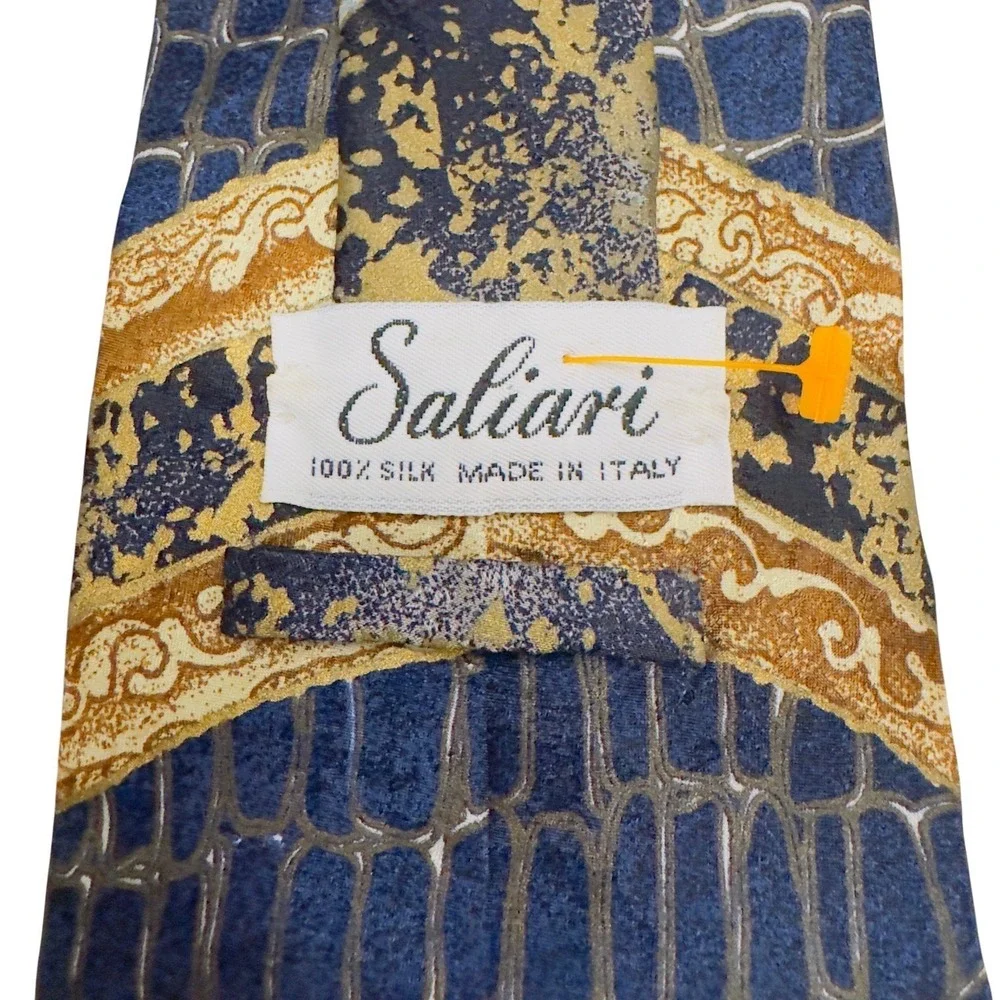 Saliari 100% Silk Tie Made in Italy Navy Gold Baroque Abstract Mens Luxury